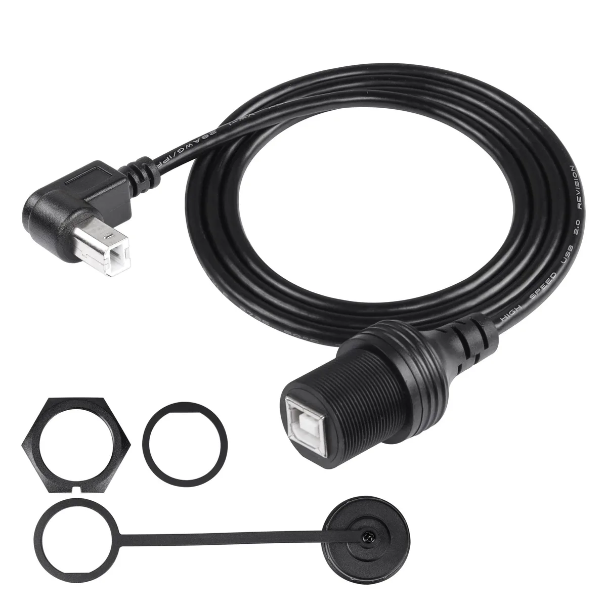 Black USB Type-B 90-degree flush-mount cable with waterproof cover, rubber finish, 1m length