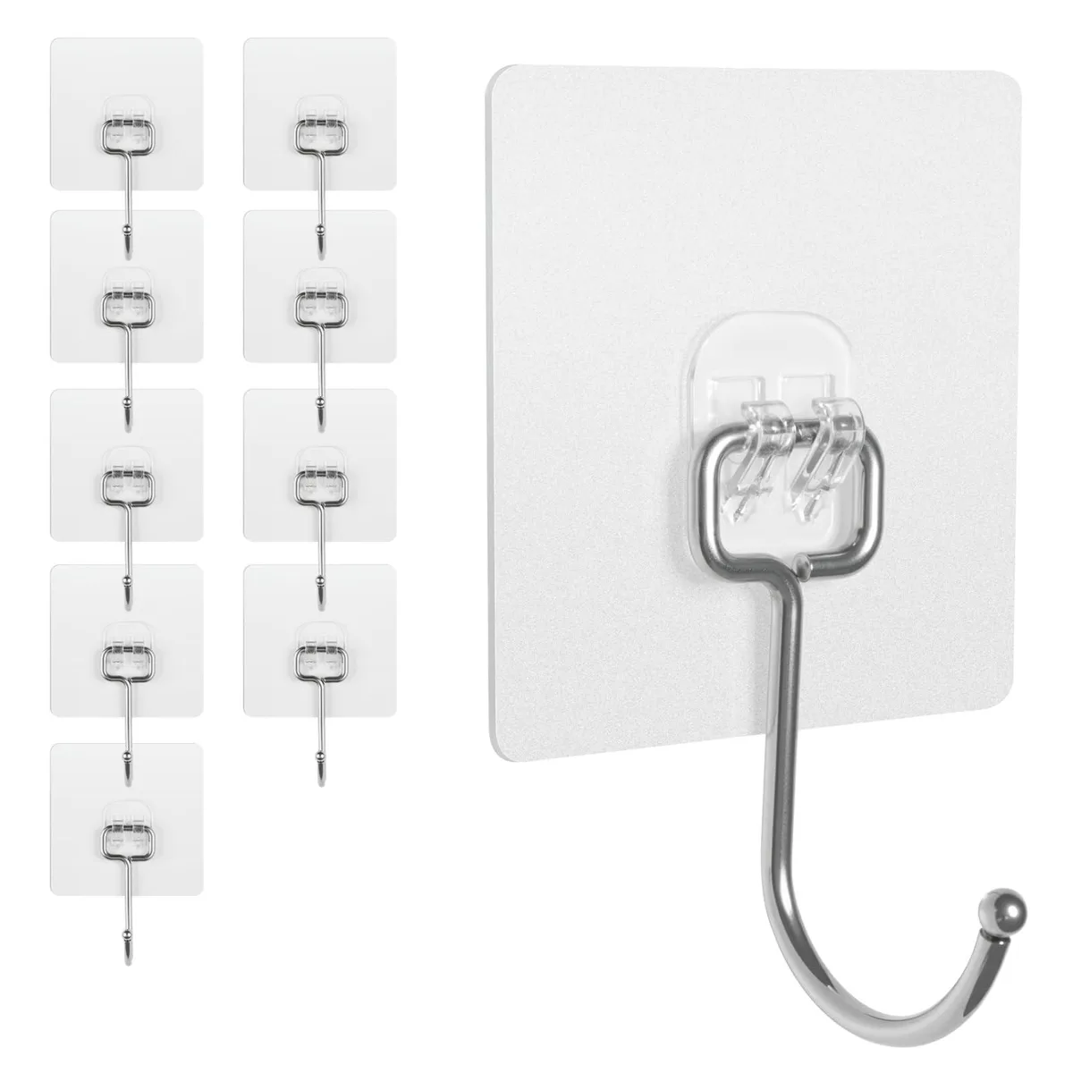 Ten clear adhesive wall hooks with stainless steel rotating hooks on square transparent bases