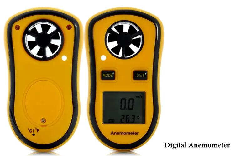 Orange handheld digital anemometer with thermometer, model GM8908