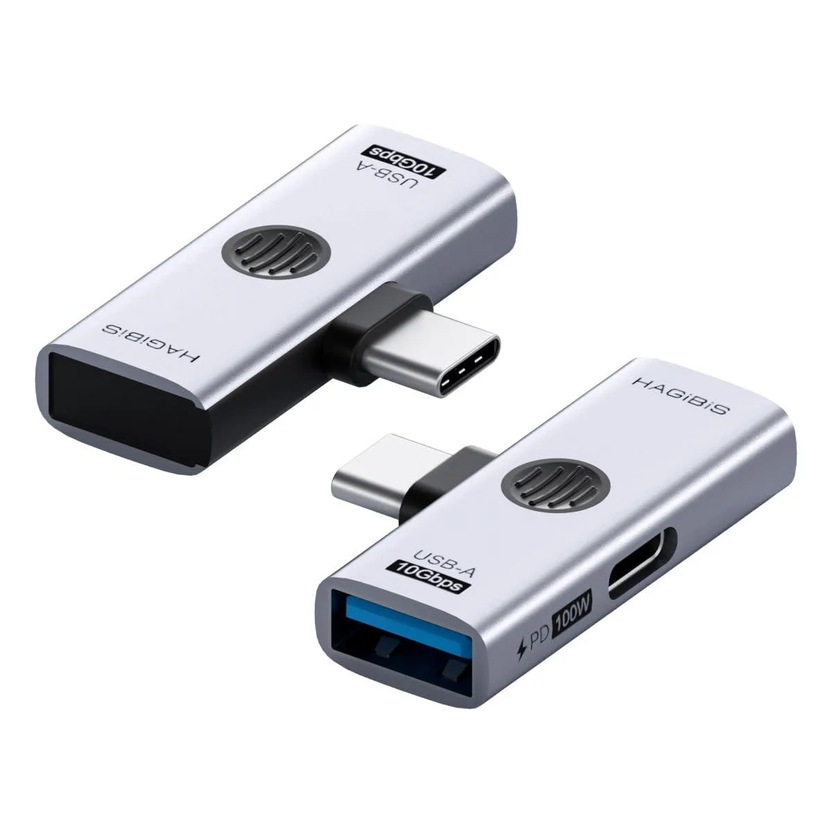 Grey USB-C splitter dongle with two ports, compact aluminium body