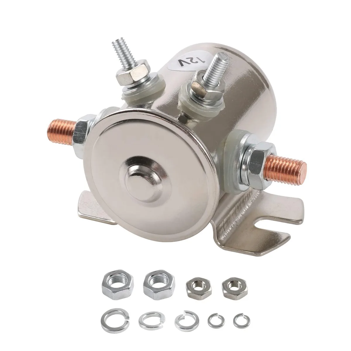 Silver cylindrical relay with four copper terminals and mounting bracket