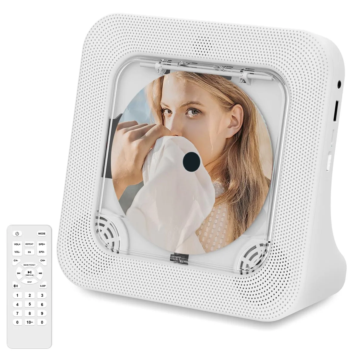 Black rectangular desktop CD boombox with front slot, LCD display and two built-in speakers
