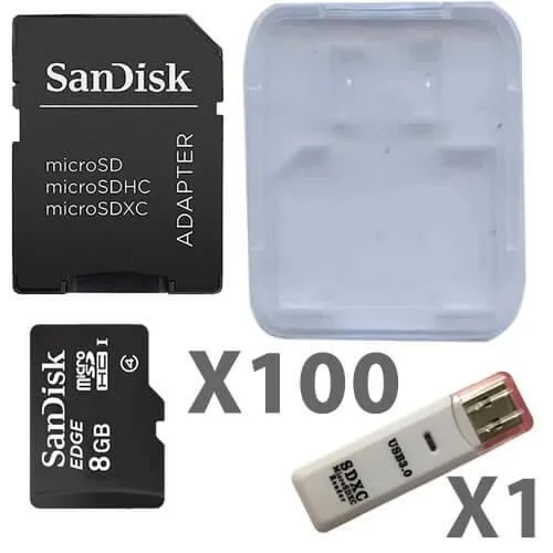 SanDisk SanDisk 8GB microSDHC Class 4 UHS-I 100-pack with SD adapters, cases, reader — product photo