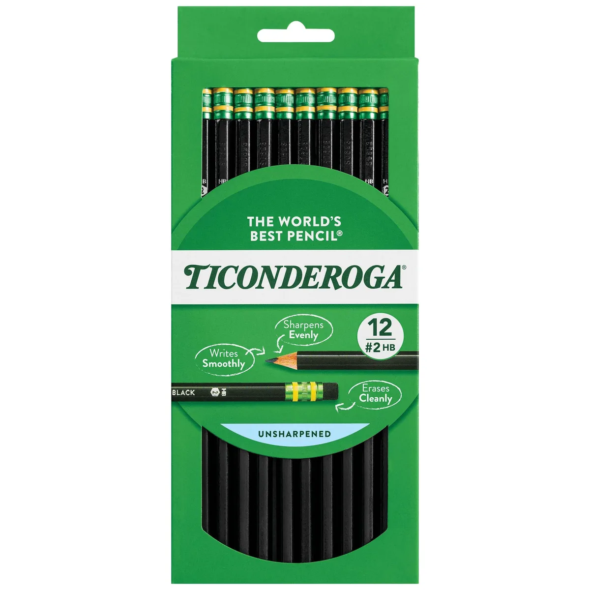 Box of twelve black wood-cased pencils with green and gold ferrules