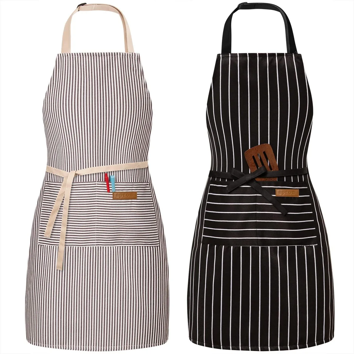 Two black-and-brown striped cotton-blend bib aprons with adjustable straps and front pockets