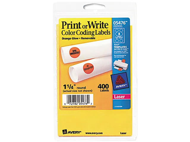 Round neon orange labels on a white sheet, 12 per sheet, 400 total