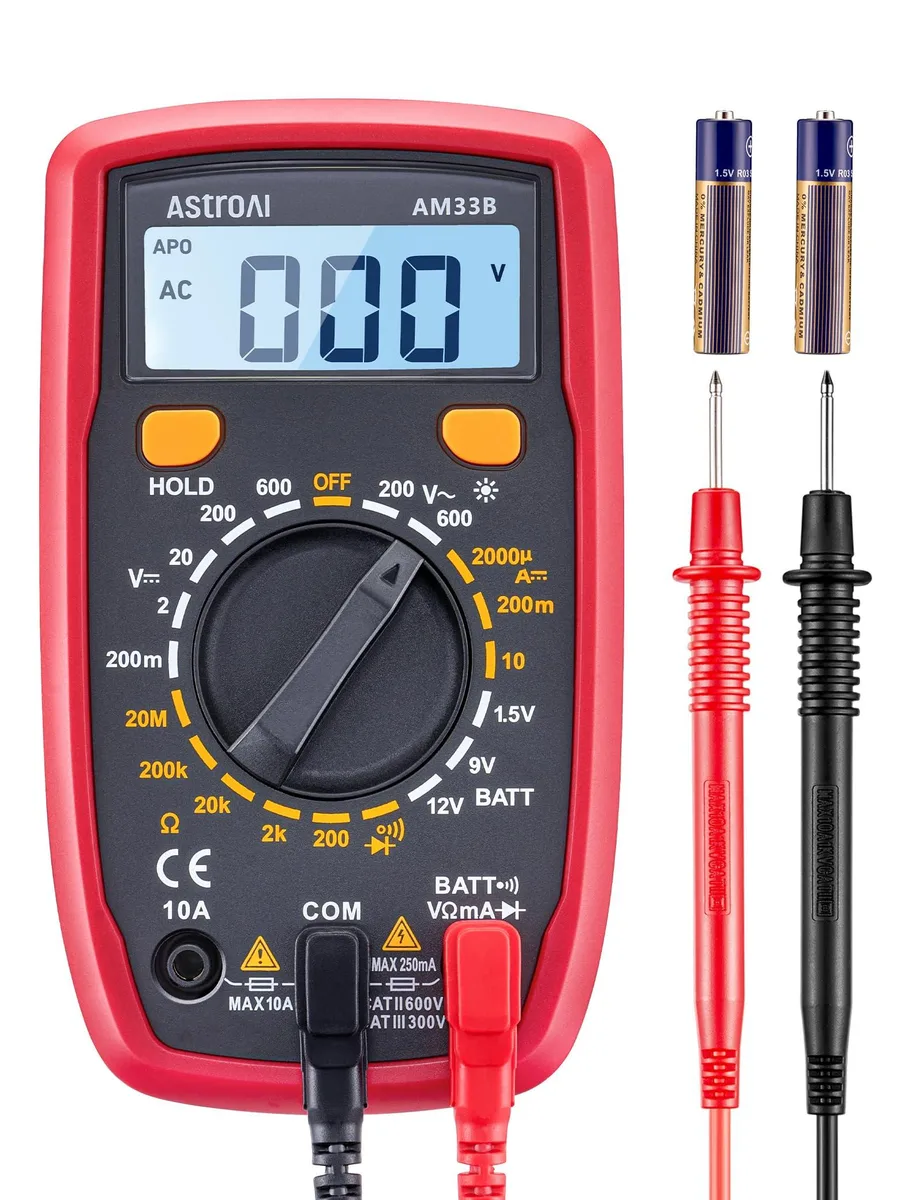 Black rectangular digital multimeter with LCD screen, yellow test leads and rotary selector dial