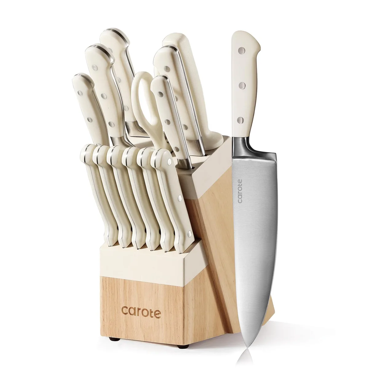 Cream knife block with 14 stainless steel knives and black plastic handles
