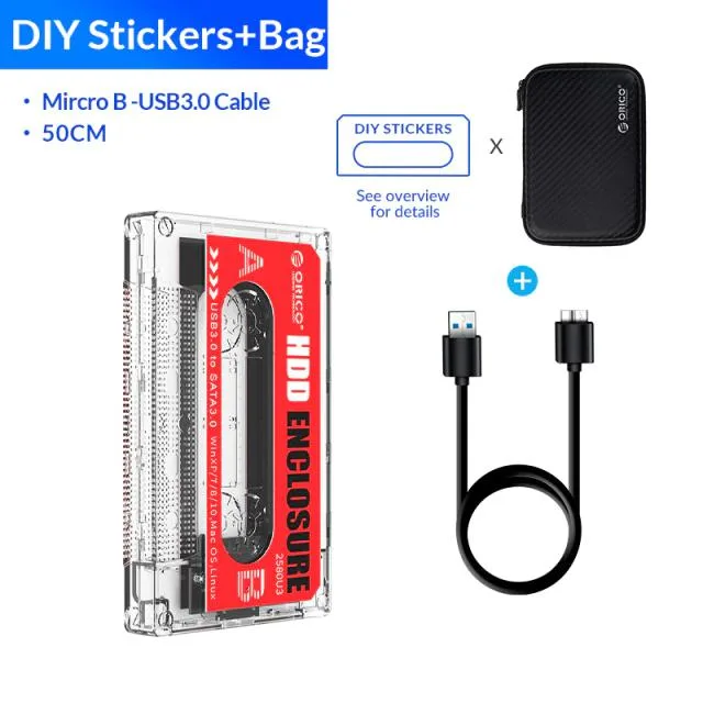 Hetai Tech Hetai Tech 2.5" USB 3.0 Type-C HDD Enclosure Transparent DIY Sticker Cassette Tape Design — product photo