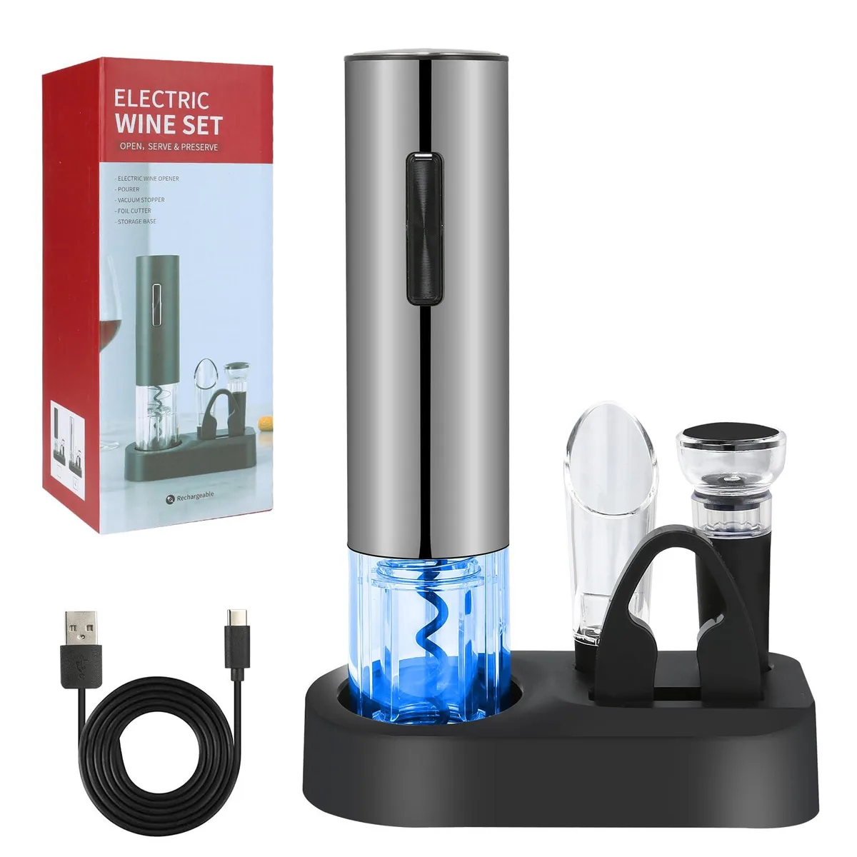 Silver electric wine bottle opener with LED light and foil cutter