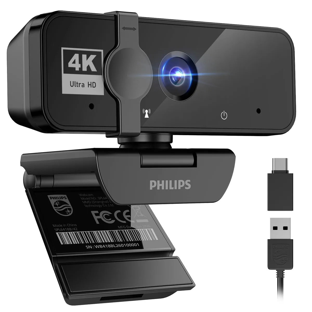 Black rectangular webcam with built-in microphone, privacy cover and USB cable