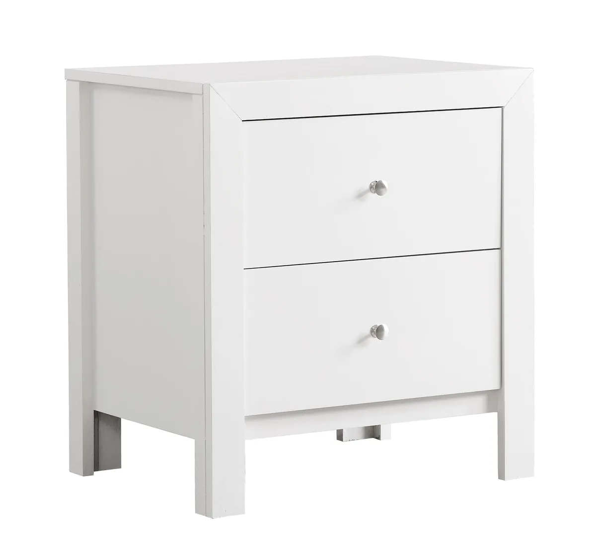 White rectangular nightstand with two drawers and clean lines