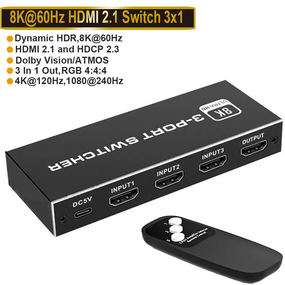 Jansicotek Jansicotek OZ8Q3-3 3-port HDMI 2.1 video switch 4K 120Hz 8K 60Hz 48Gbps Splitter Out Series PS5/4/3 — product photo