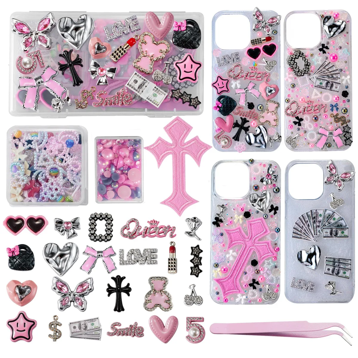A 27-piece silver pink jewelry kit with resin charms, pearls, tweezers and mini prop money in a storage box