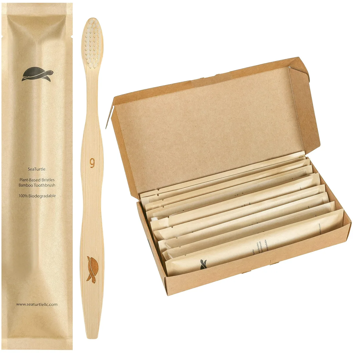 Ten natural bamboo toothbrushes with soft plant-based bristles in recyclable box