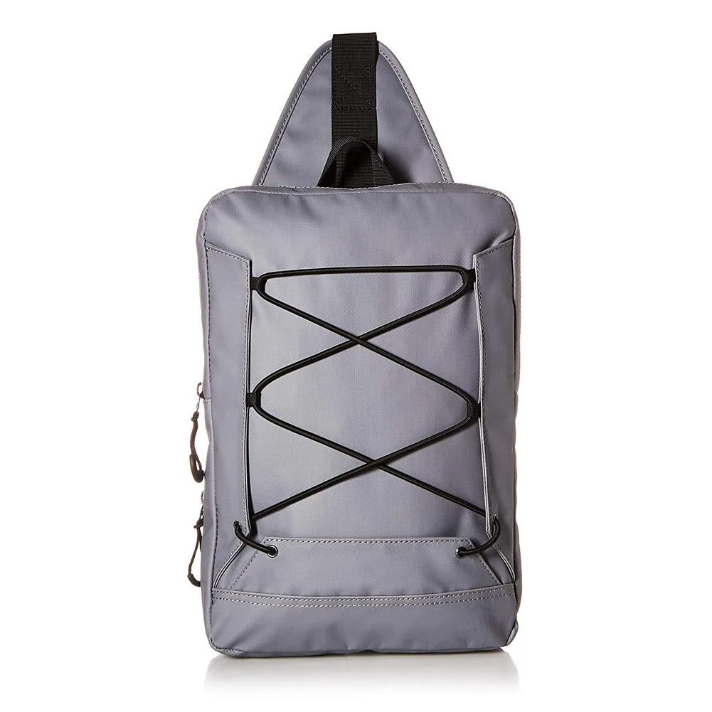 Gray sling backpack, matte waterproof polyester, elastic rope accents, adjustable strap, top handle