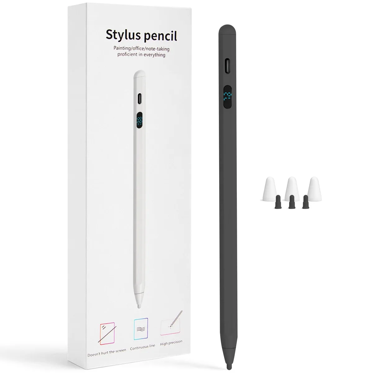 Stylus Pen with LED Battery Display, Tilt Sensitivity, 3 Tips, 10-min Charge, 12h Use — product photo