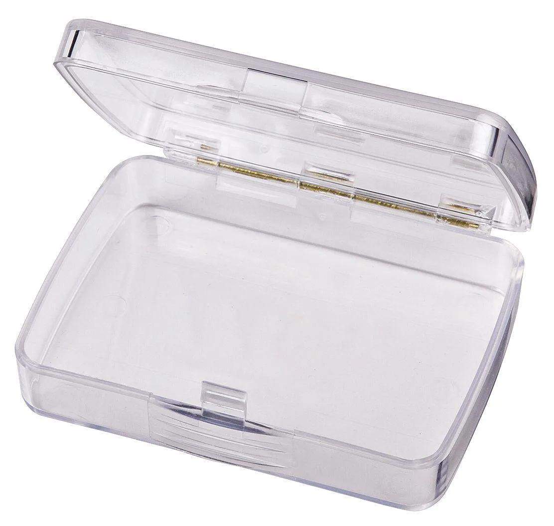 Clear plastic storage box with snap closure, rectangular shape, smooth finish