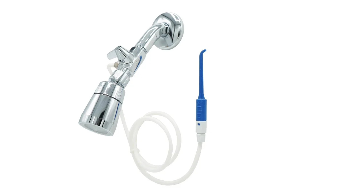 Chrome water flosser with hose and two tips, shower-mounted