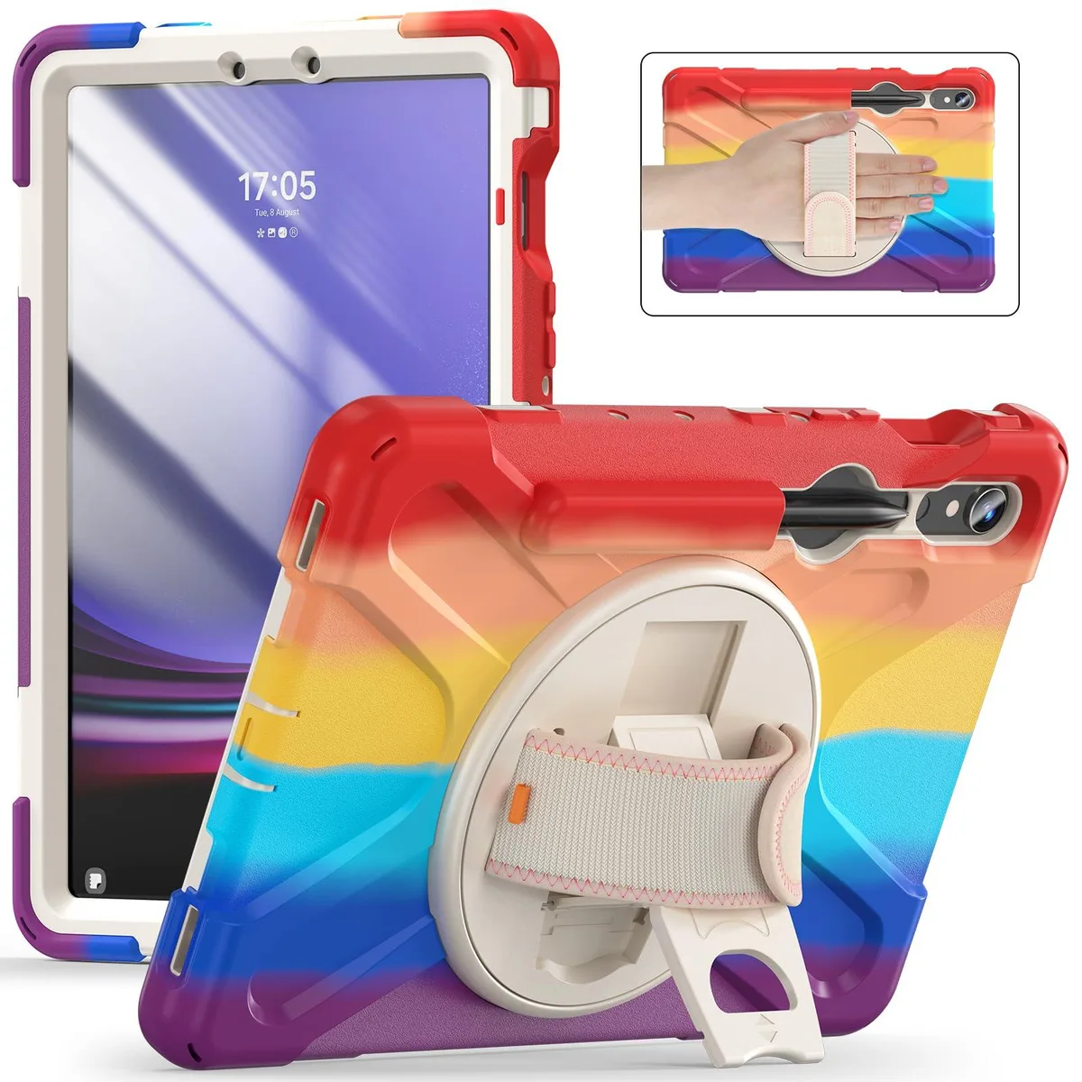Red shockproof tablet case with rotating kickstand and detachable shoulder strap