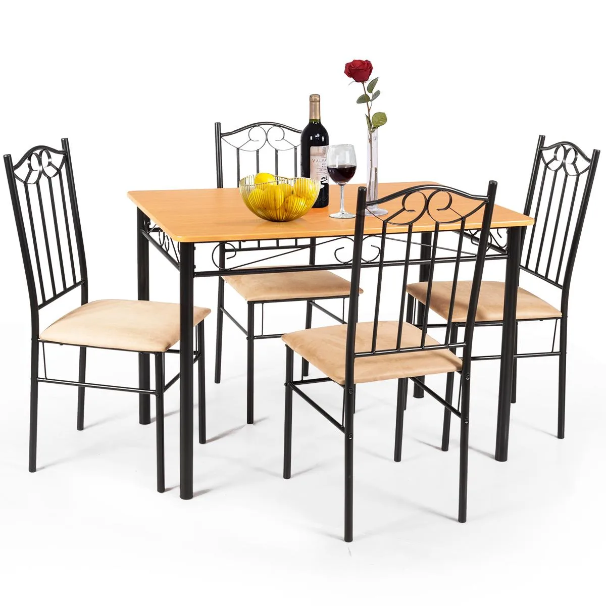 Five-piece dining set with 30-inch wood-top table and four metal-frame chairs