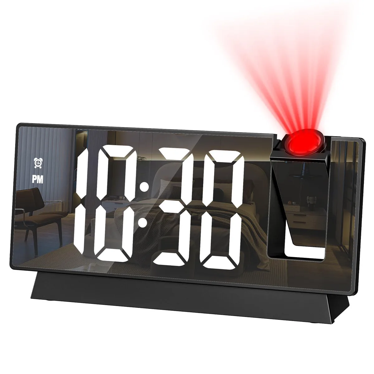 Black and white digital projection alarm clock with 180 degree rotating projector and large mirror LED display
