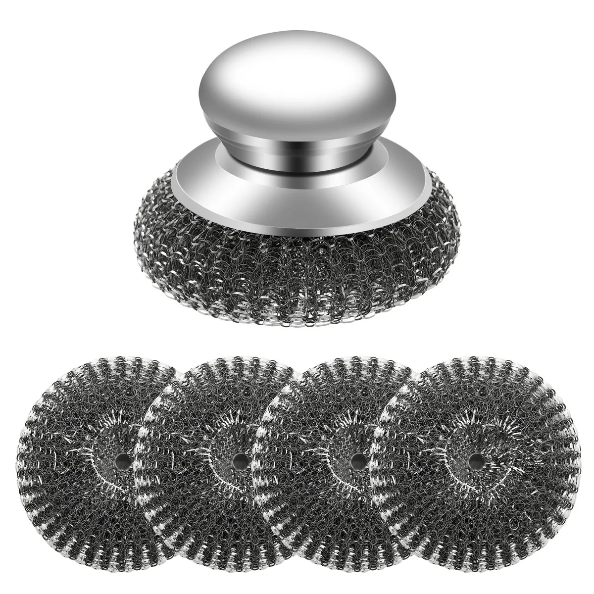 Silver steel wool scrubber with handle and four replacement pads