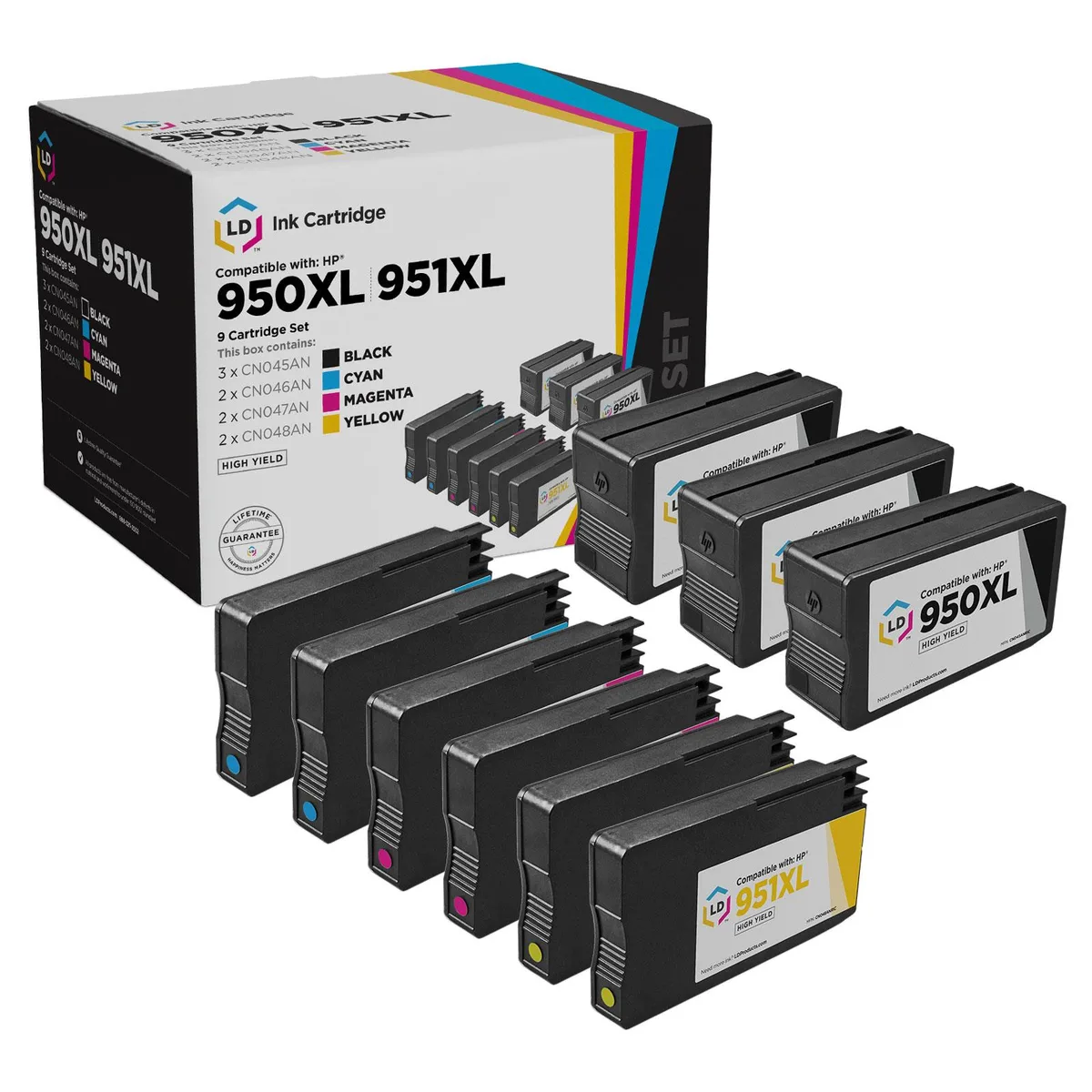 Nine ink cartridges in black, cyan, magenta and yellow boxes