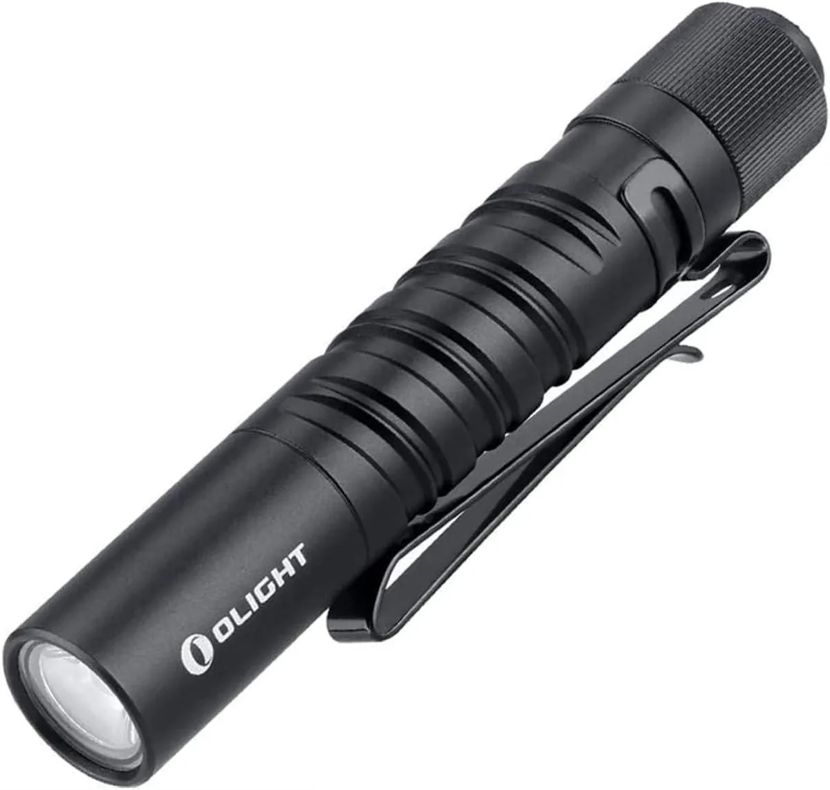 Black slim flashlight with knurled grip and pocket clip