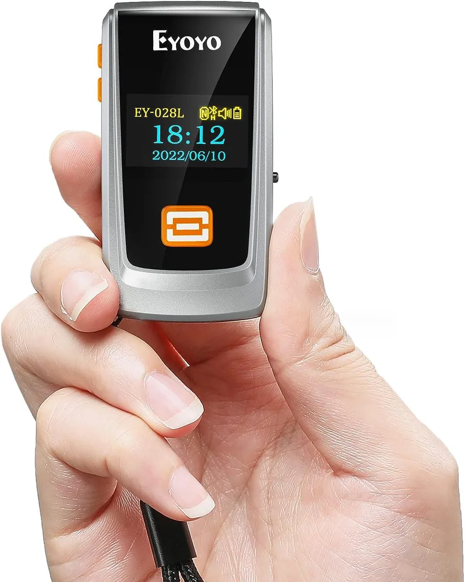 Compact 1D laser barcode scanner with LCD screen and wrist strap
