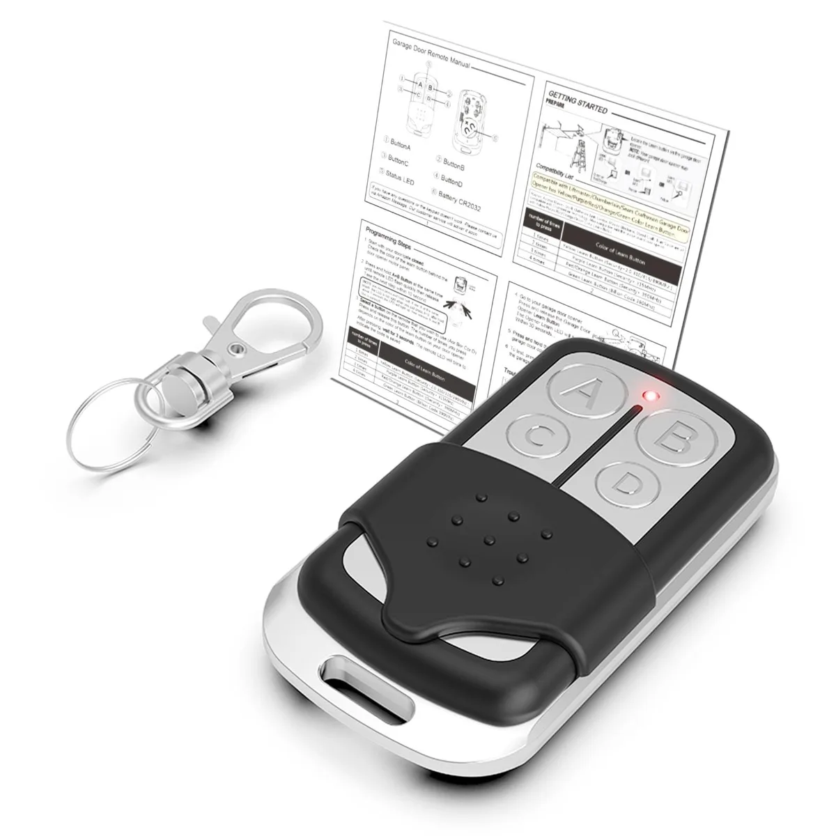 Small black key-fob remote with four buttons and sliding cover