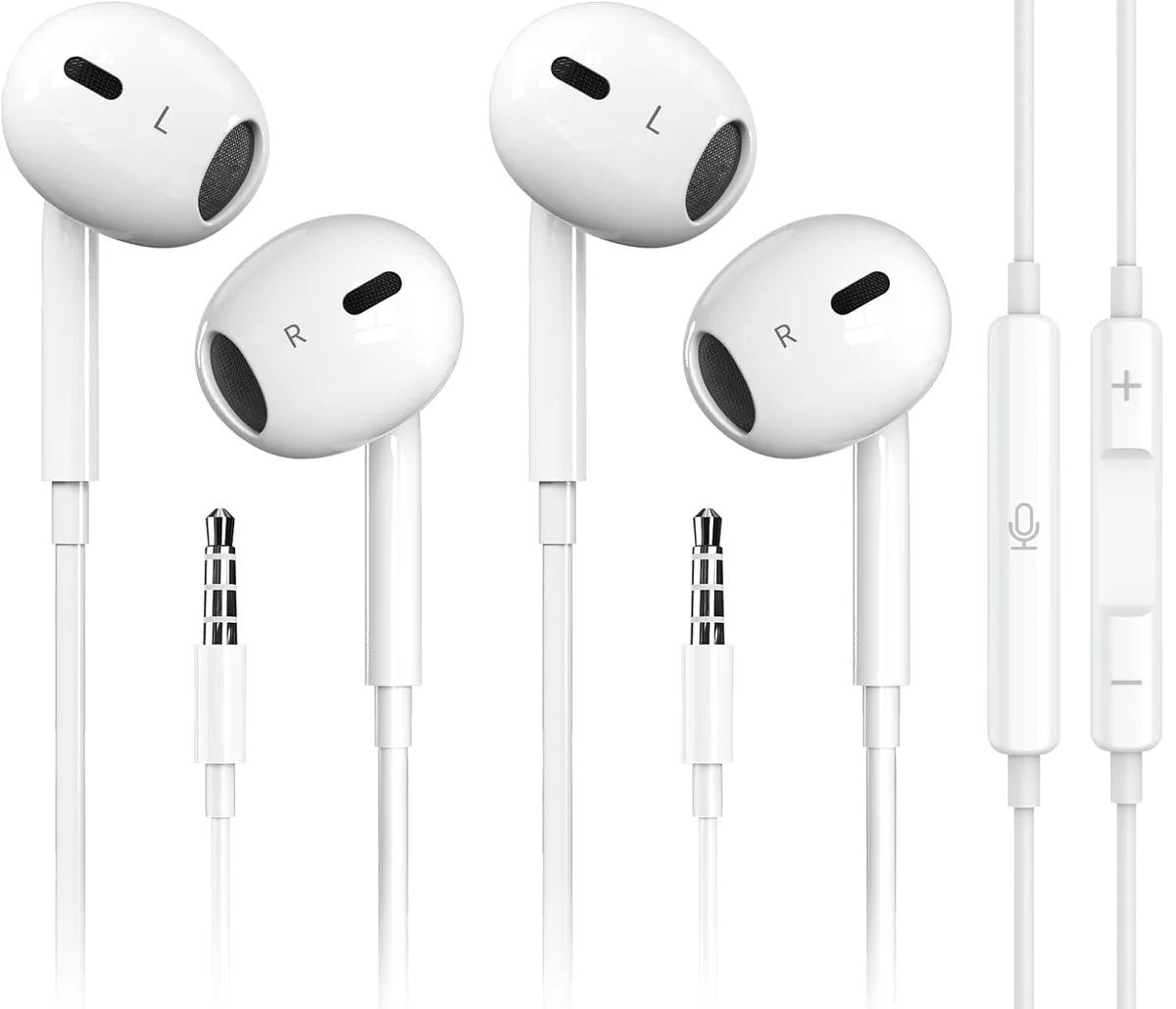 Two white wired in-ear earbuds with inline remote and 3.5mm plug