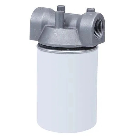 White cylindrical filter housing with threaded connections