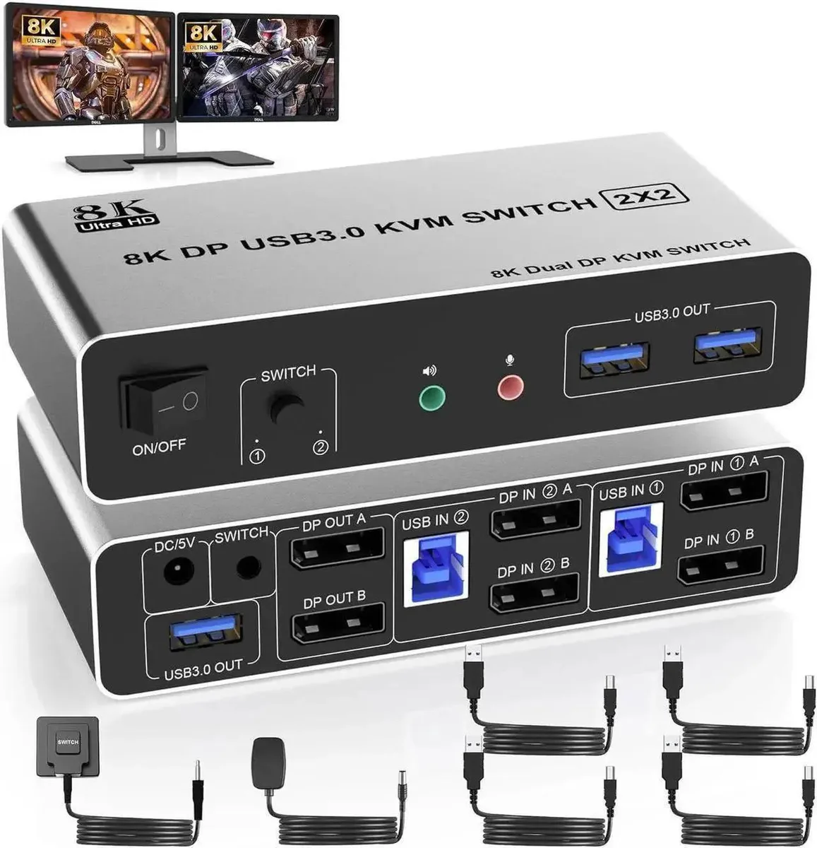 Vszerda Vszerda 8K@60Hz Dual Monitor DP KVM Switch 2×2 with 3 USB 3.0 Ports — product photo