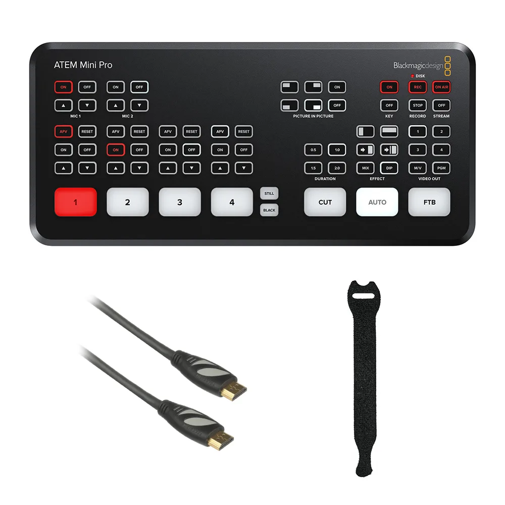 Black compact video switcher with front buttons, rear HDMI ports, bundled cable and strap pack