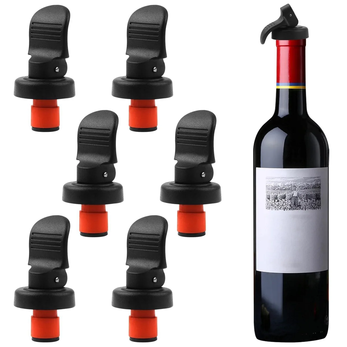 Six black and red plastic wine stoppers with silicone seals and press buttons