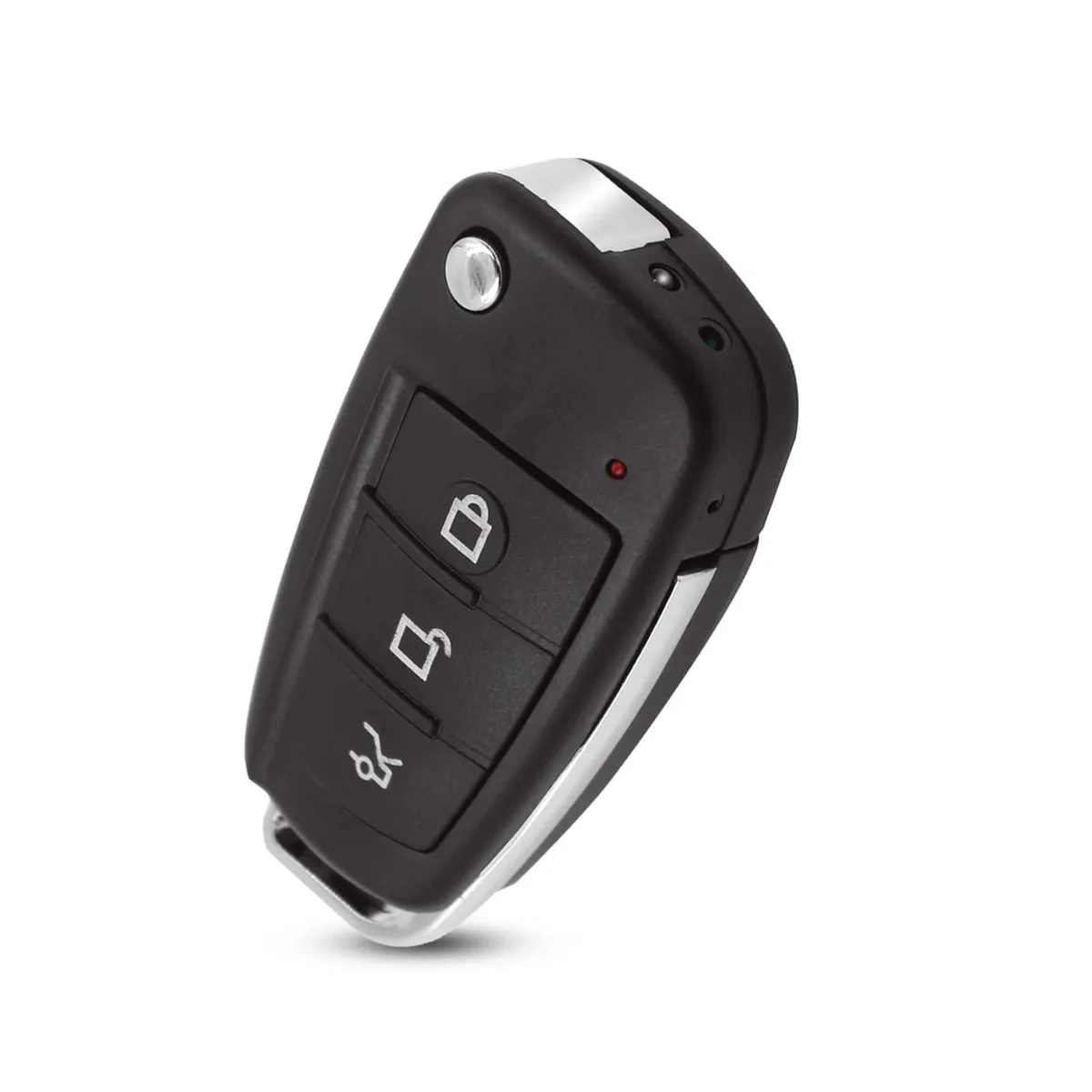 Small black car-key shaped camera with lens and buttons