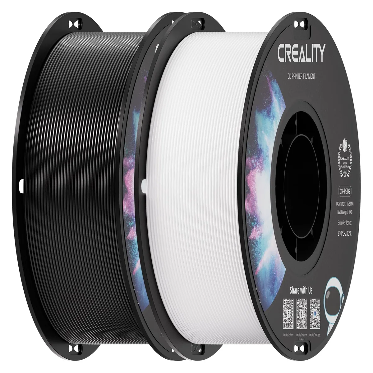Two 1 kg spools of 1.75 mm PETG filament in black and white