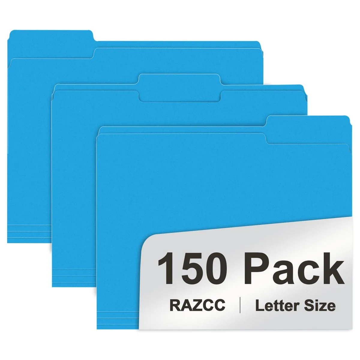 Stack of blue letter-size file folders with 1/3-cut tabs and expansion creases