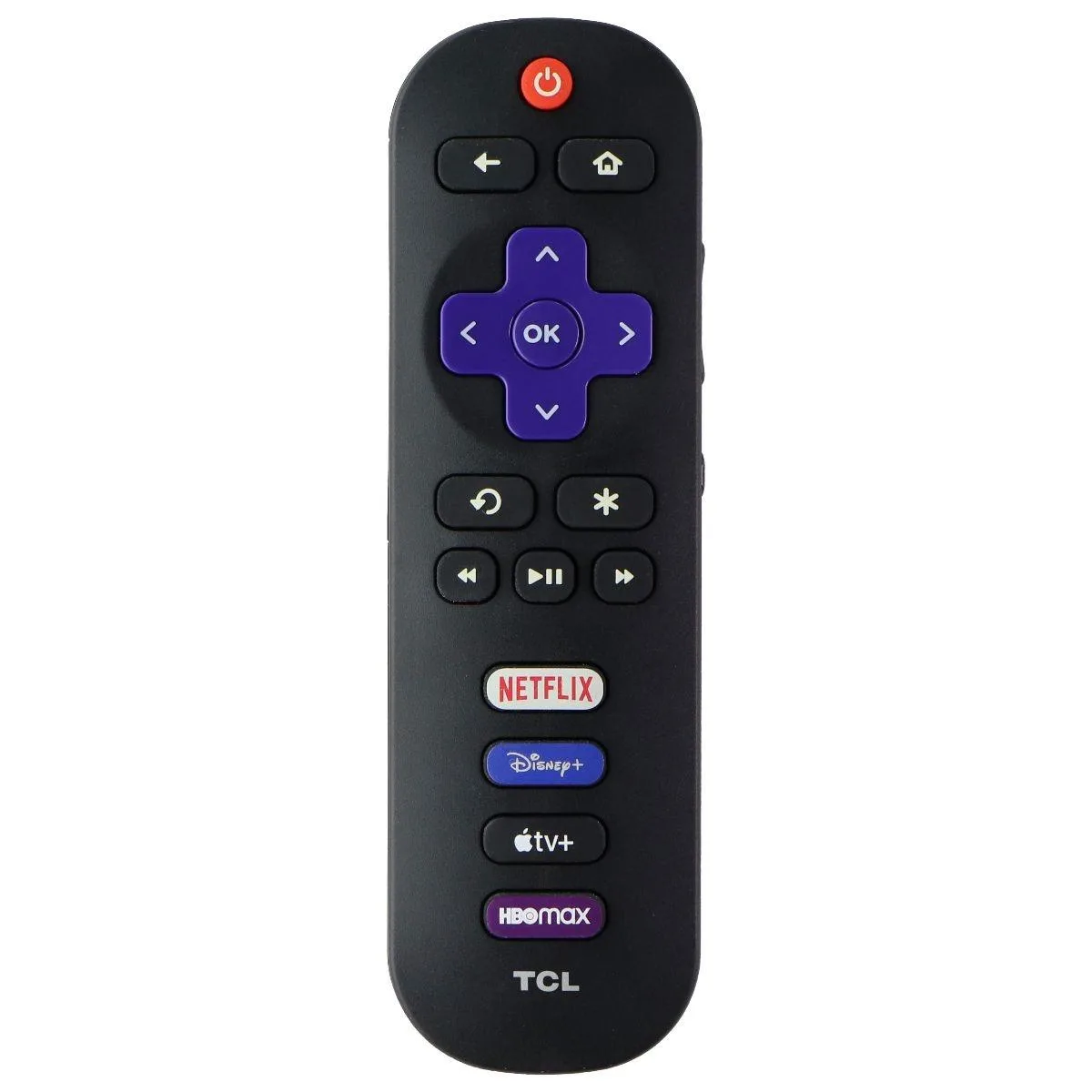 Black TCL replacement remote with four streaming service hot keys