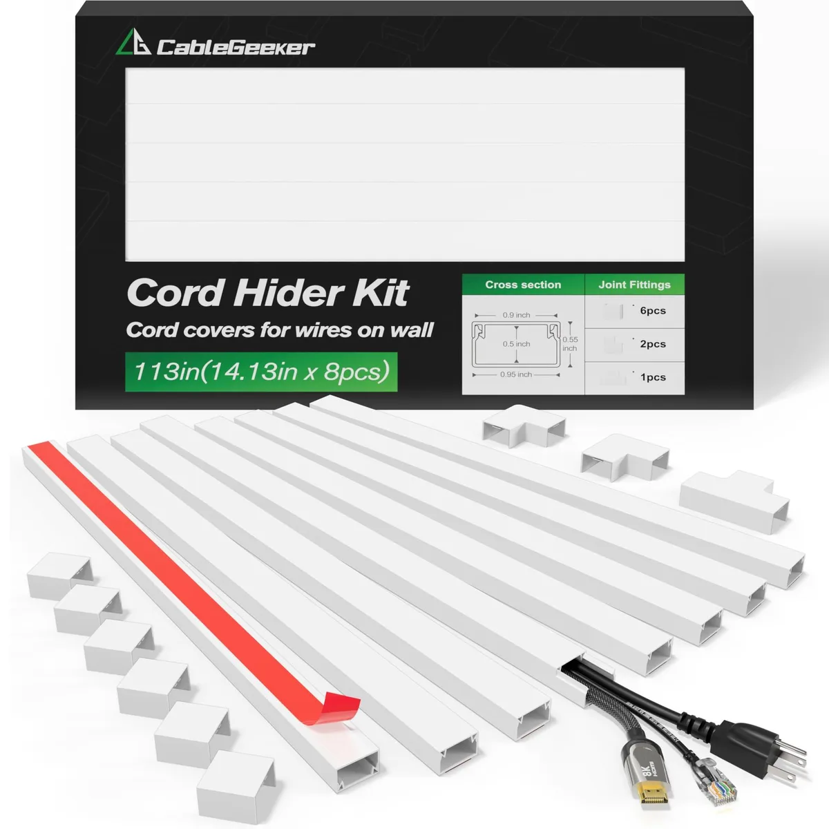  CableGeeker CH110I8P 113in Cord Cover .95W .55H White — product photo