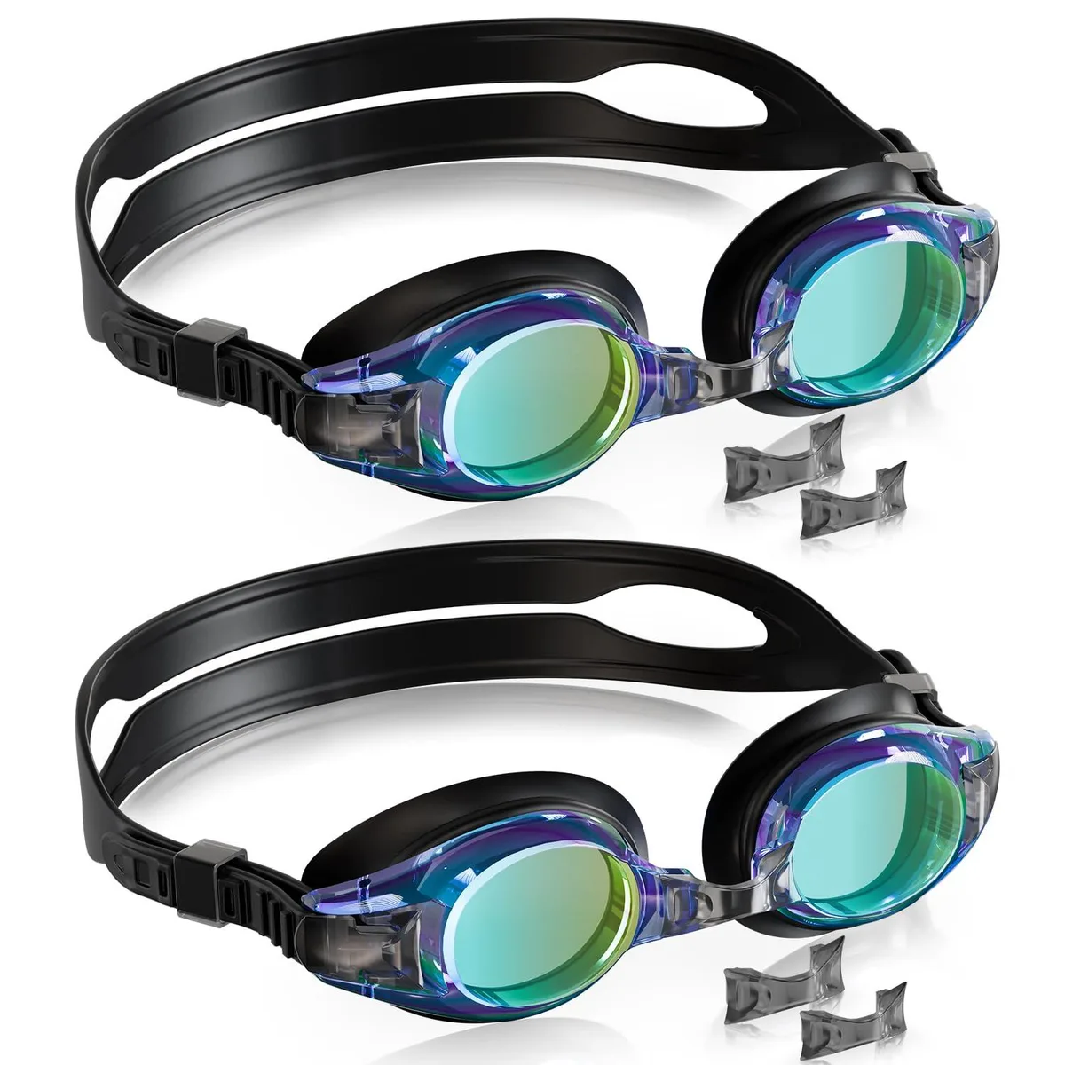 Two pairs of kids swimming goggles in blue and black with silicone frames and adjustable nose pieces
