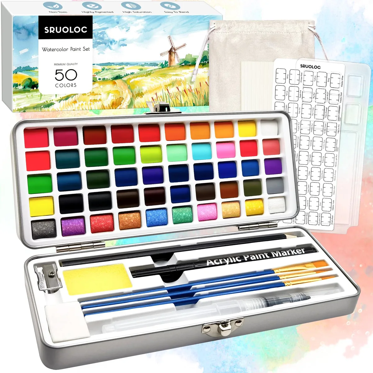 SRUOLOC SC-ART0004 Watercolor Paint Set 50 Colors Metallic — product photo