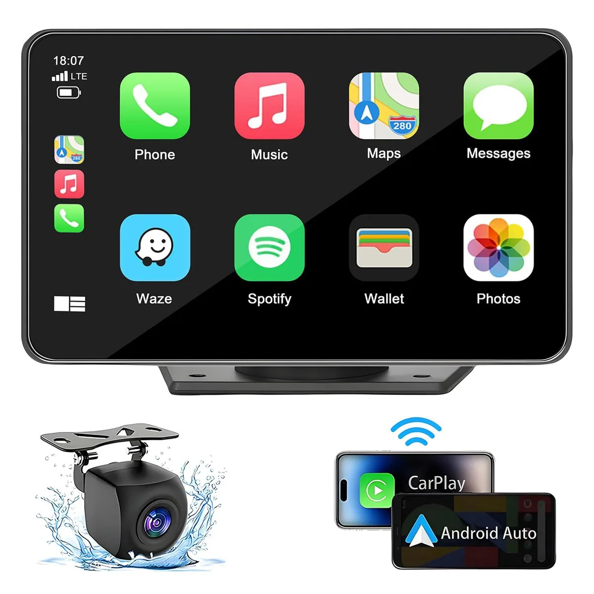 Rectangular 7 inch touch screen with thin black bezel and adhesive mount visible