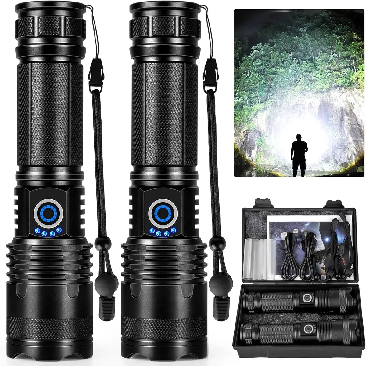 Two cylindrical aluminum flashlights side by side with micro USB ports and four blue power indicators