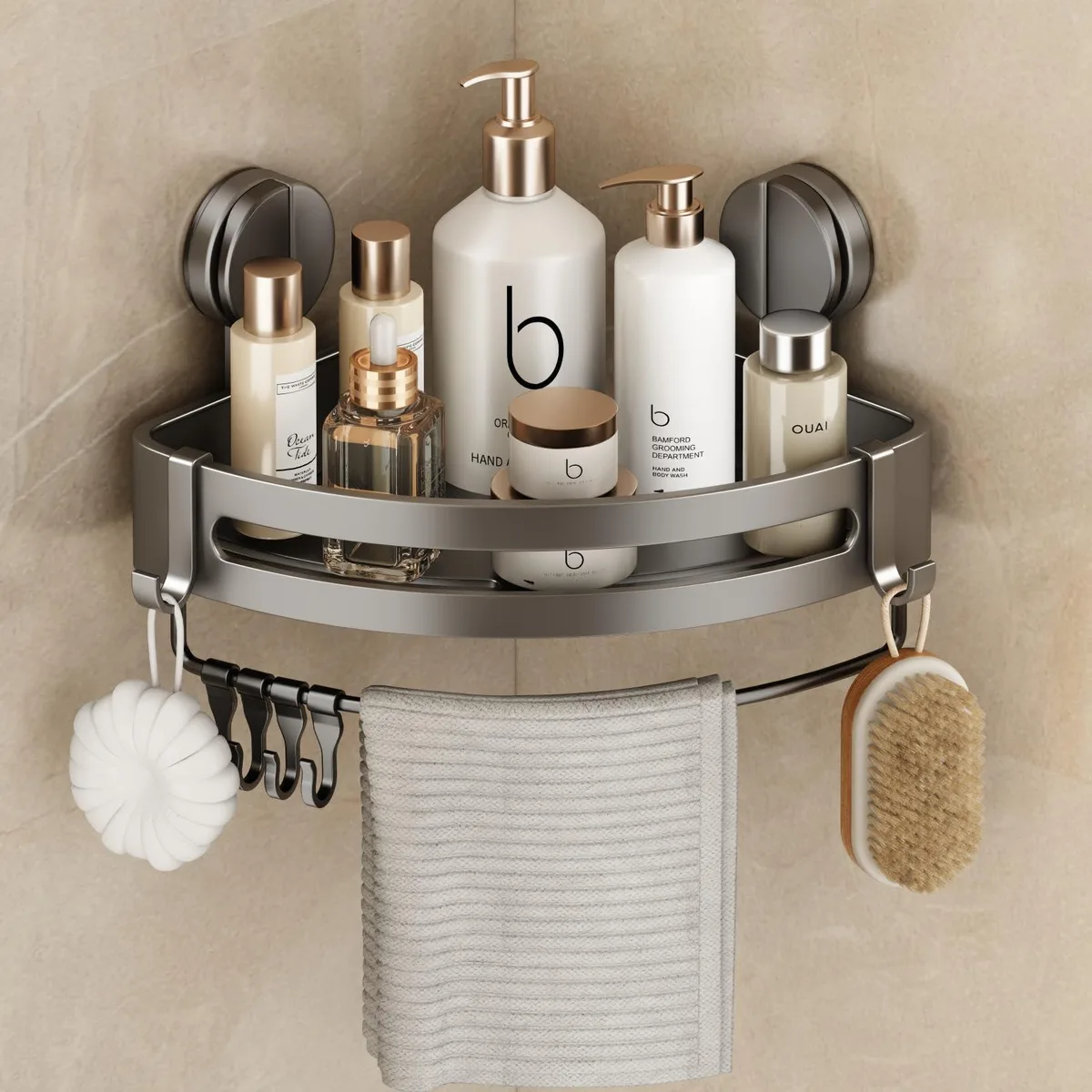 Grey aluminium shower caddy with suction mount, towel bar and six removable hooks, hollow base for drainage