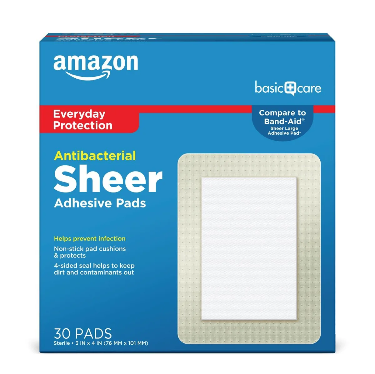 Cardboard box holding thirty sheer fabric adhesive bandages with non-stick pads