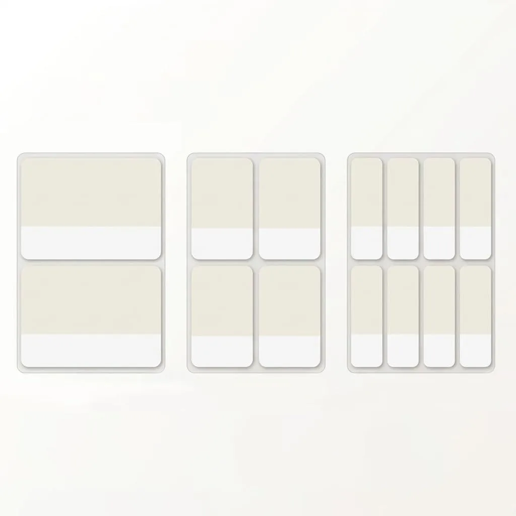 A clear plastic dispenser holding stacks of semi-transparent square sticky tabs in three sizes