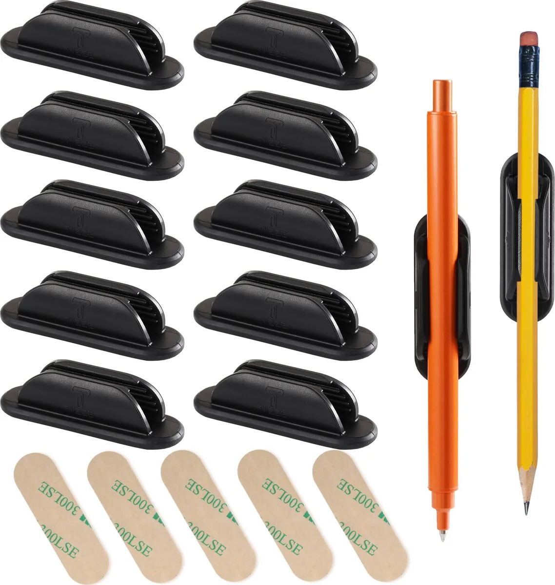 Ten black silicone pencil holders with adhesive pads