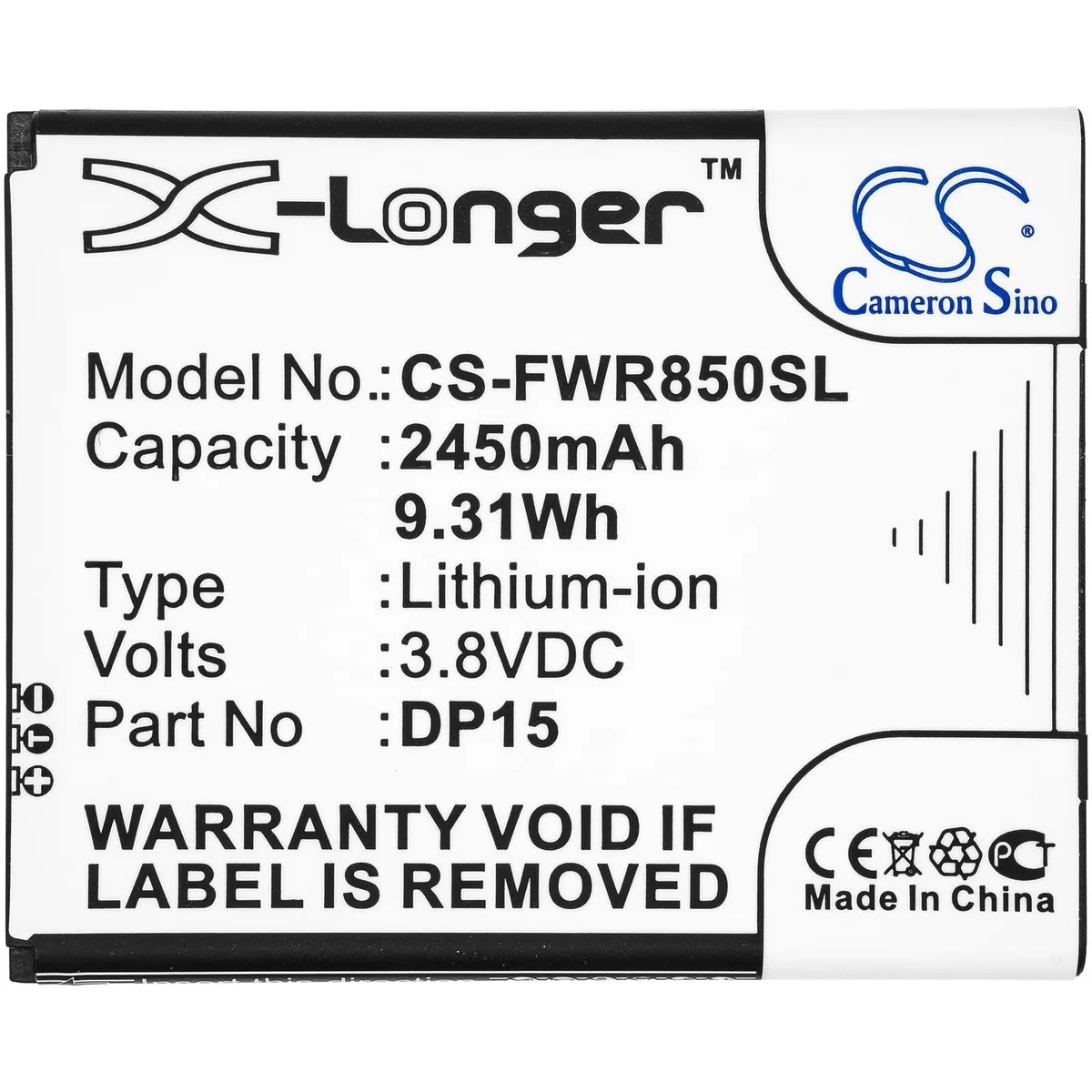 Rectangular lithium-ion battery pack, matte finish, 65.52 by 53.75 by 5.74 mm